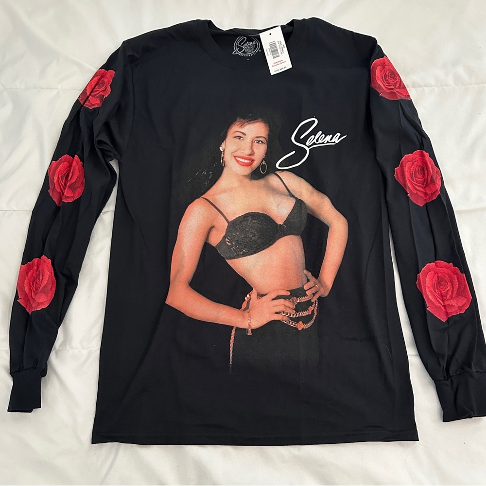 Selena Black Long Sleeve Tee with Red Rose Accents